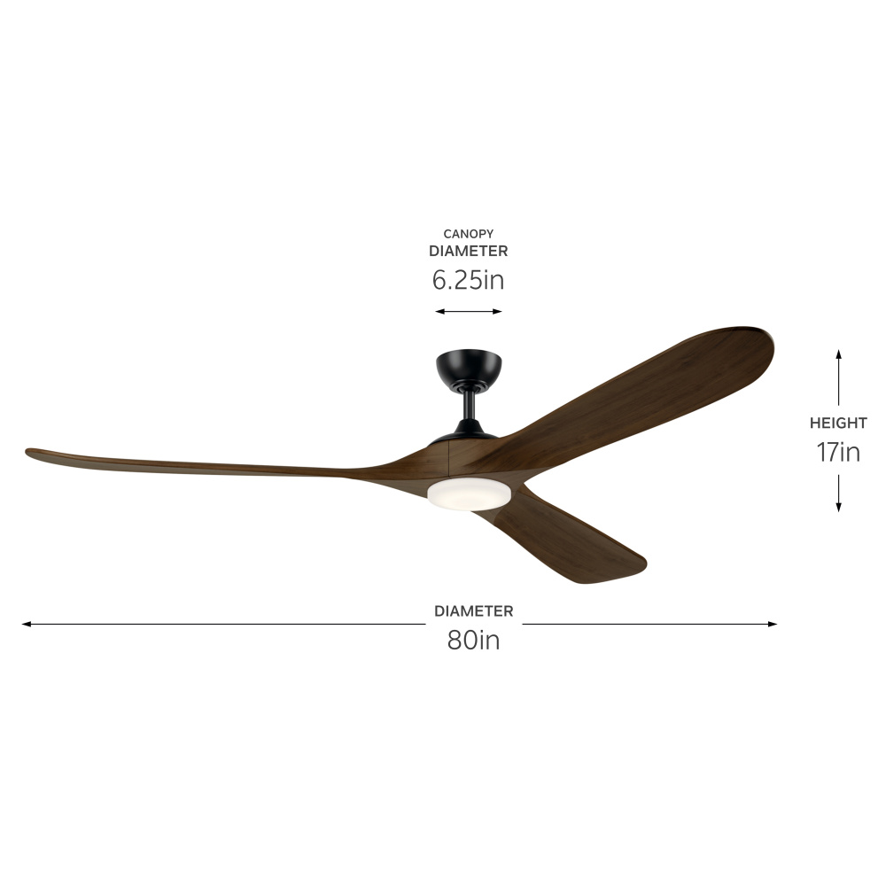 80 in Mylo Ceiling Fan with Satin Etch Cased Opal Glass in Satin Black with Aged Walnut Wood Blades