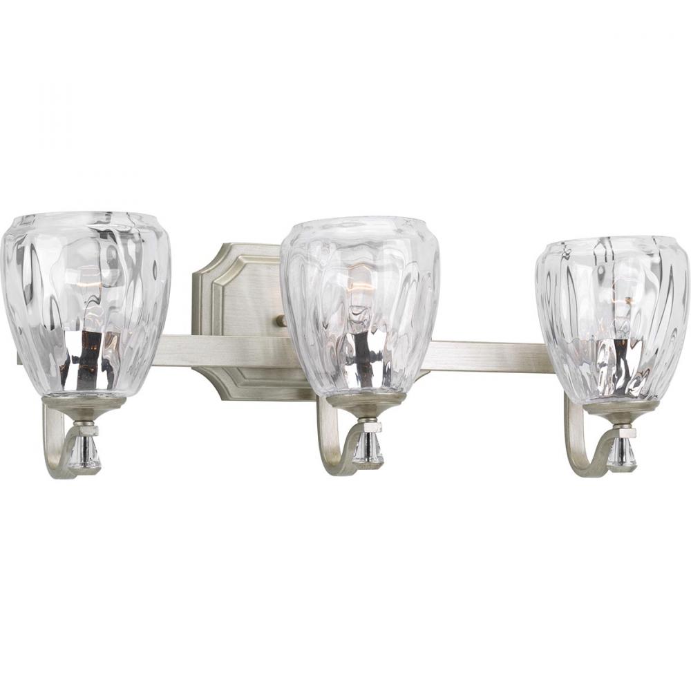 Anjoux Collection Three-Light Silver Ridge Clear Water Glass Luxe Bath Vanity Light