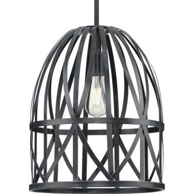 Chastain Collection  One-Light Cerused Black Oak Basket Farmhouse Pendant Light