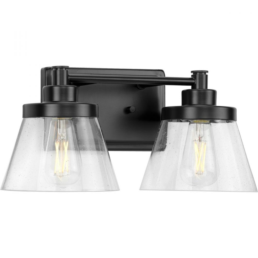 Hinton Collection Two-Light Matte Black Clear Seeded Glass Farmhouse Bath Vanity Light