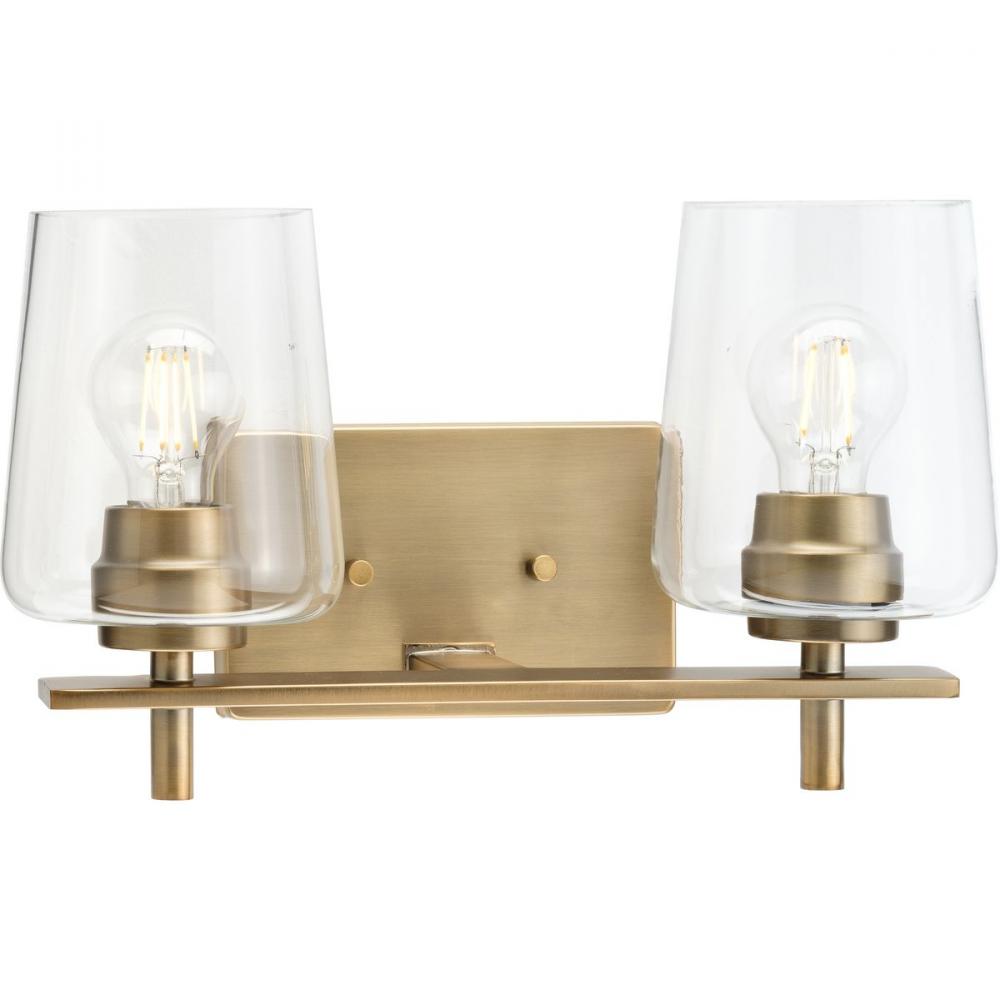 Calais Collection Two-Light New Traditional Vintage Brass Clear Glass Bath Vanity Light
