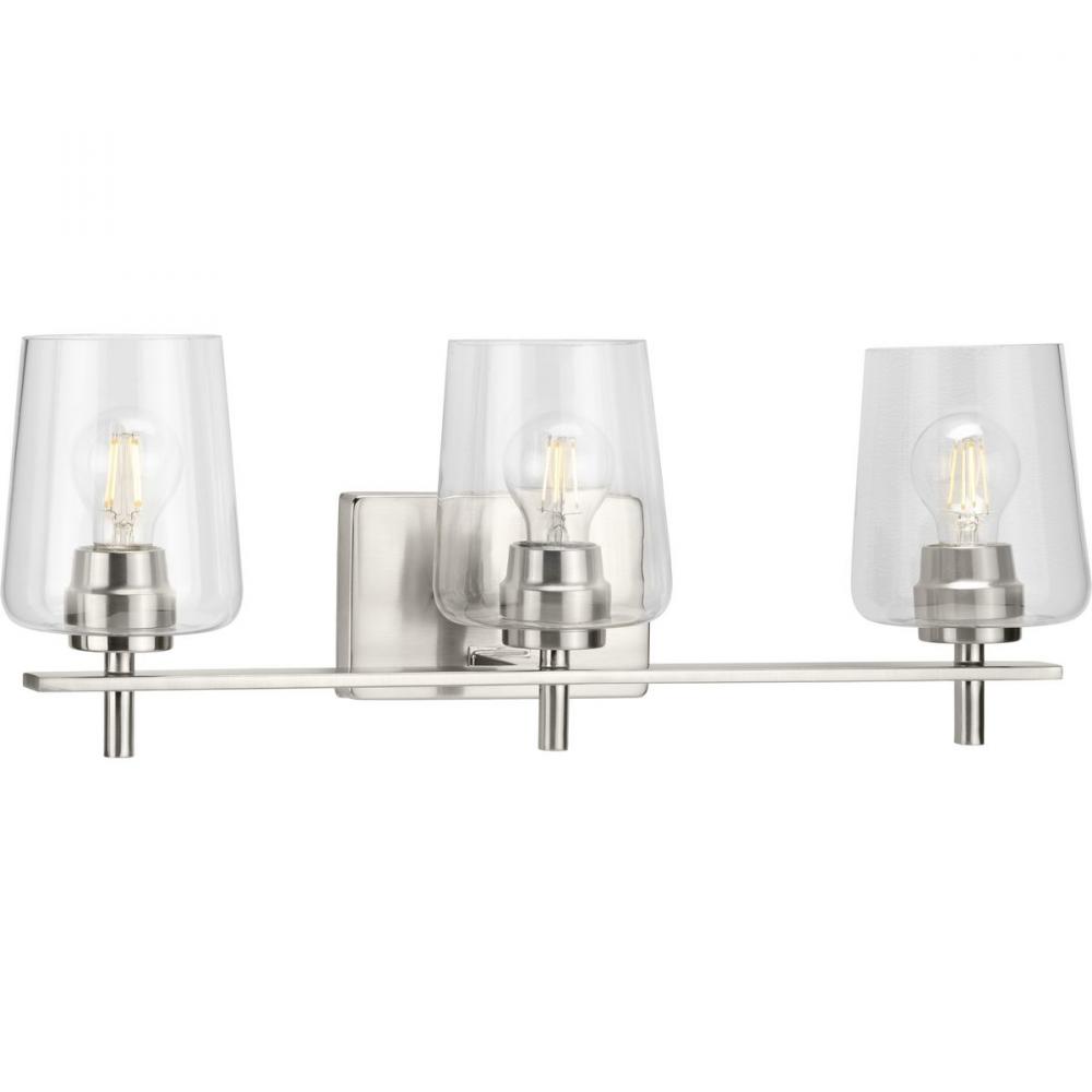 Calais Collection Three-Light Brushed Nickel Clear Glass New Traditional Bath Vanity Light