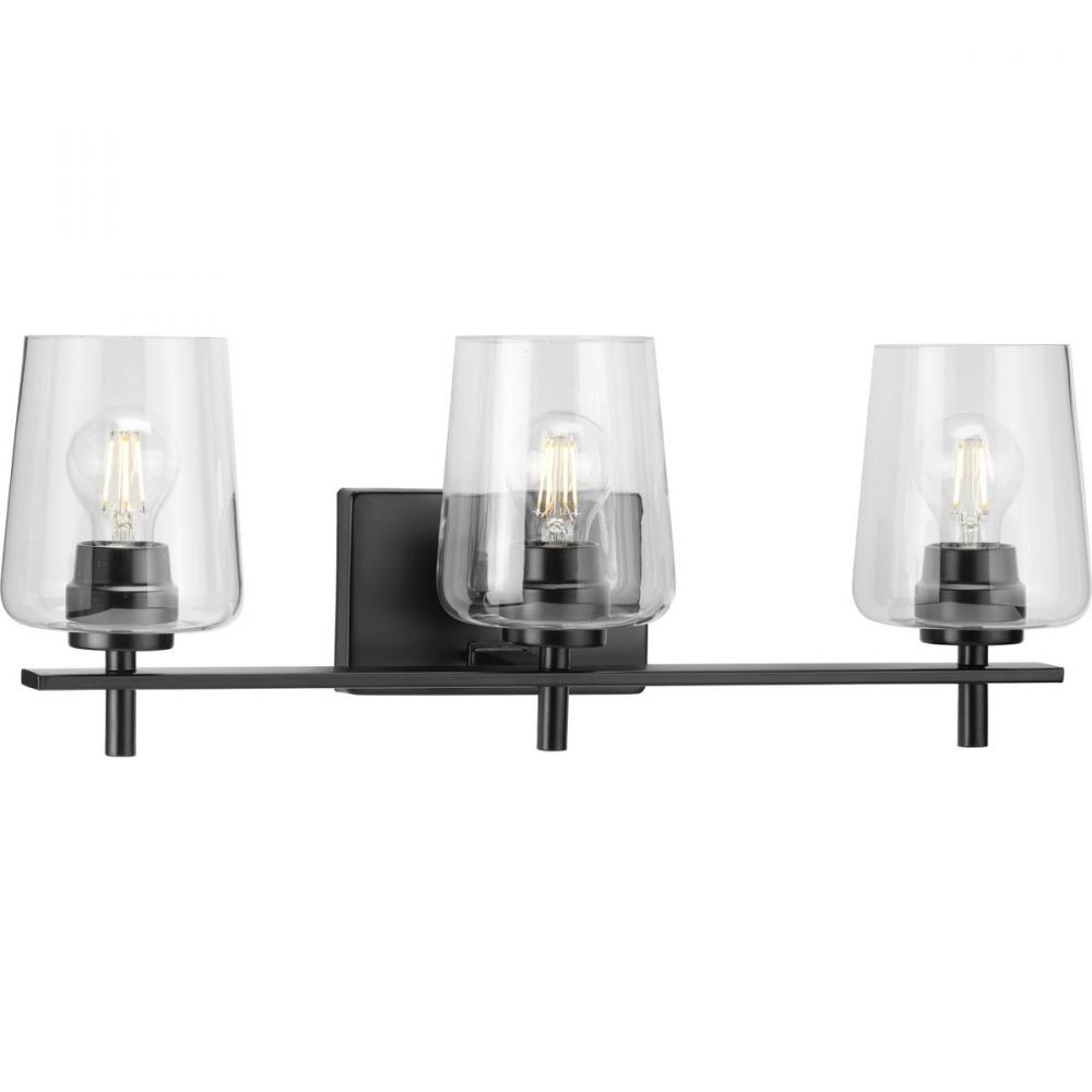 Calais Collection Three-Light Matte Black Clear Glass New Traditional Bath Vanity Light