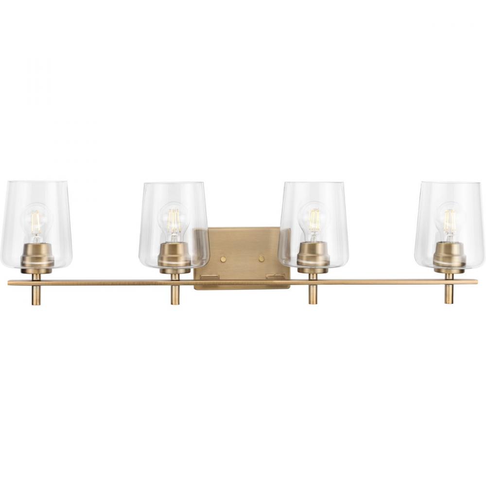 Calais Collection Four-Light New Traditional Vintage Brass Clear Glass Bath Vanity Light