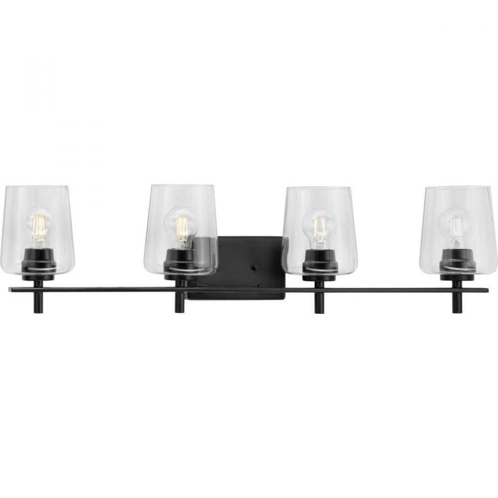 Calais Collection Four-Light New Traditional Matte Black Clear Glass Bath Vanity Light