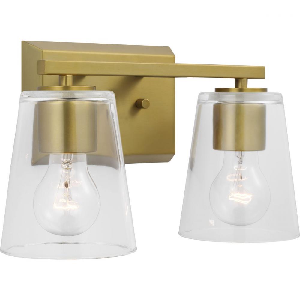 Vertex Collection Two-Light Brushed Gold Clear Glass Contemporary Bath Light
