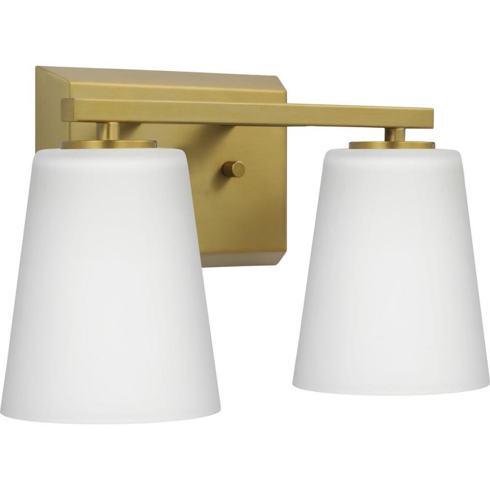 Vertex Collection Two-Light Brushed Gold Etched White Glass Contemporary Bath Light