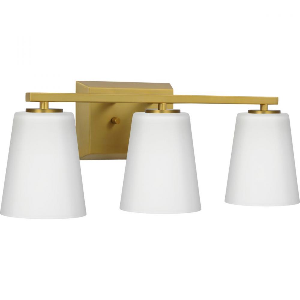 Vertex Collection Three-Light Brushed Gold Etched White Glass Contemporary Bath Light