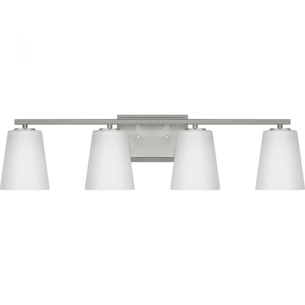 Vertex Collection Four-Light Brushed Nickel Etched White Glass Contemporary Bath Light