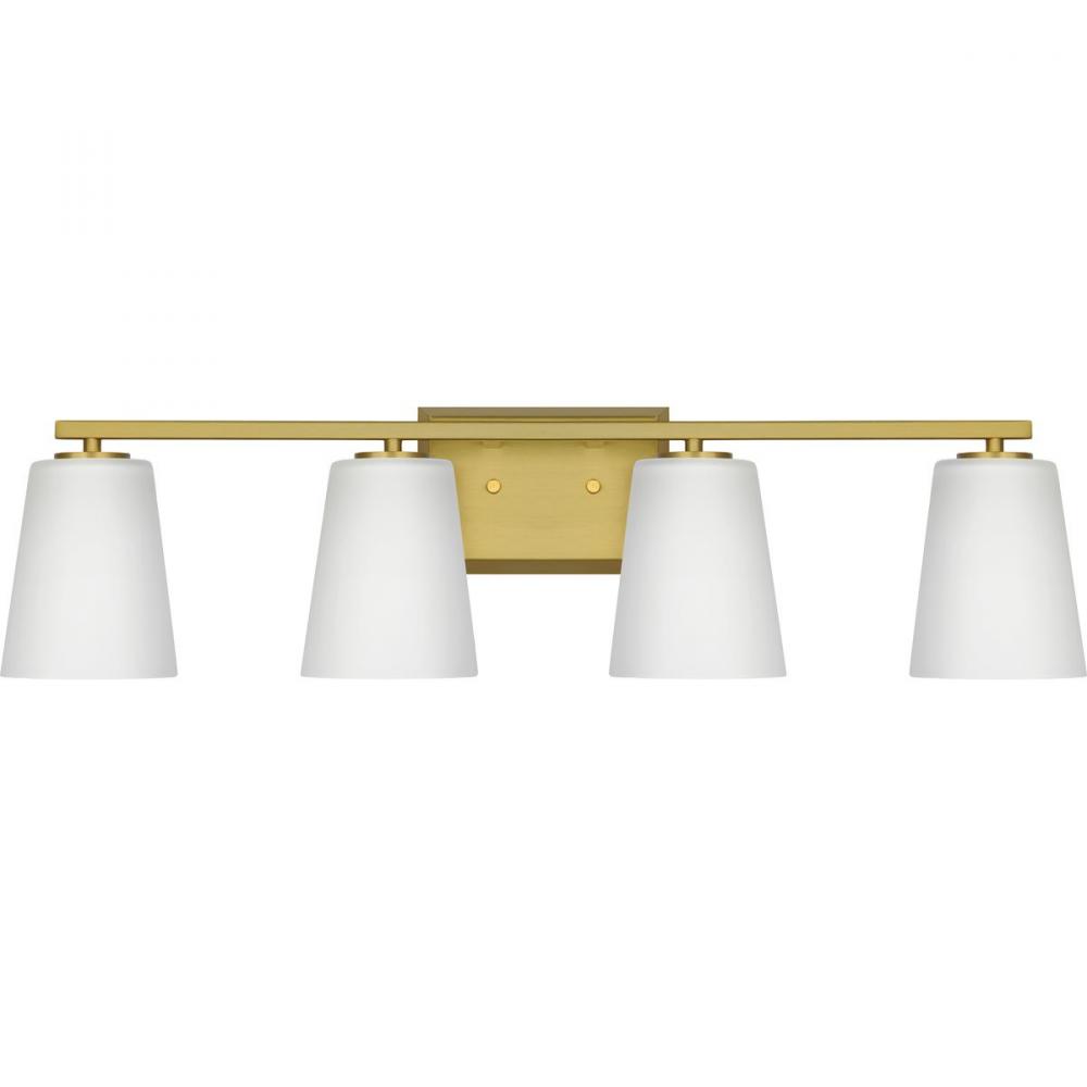 Vertex Collection Four-Light Brushed Gold Etched White Glass Contemporary Bath Light