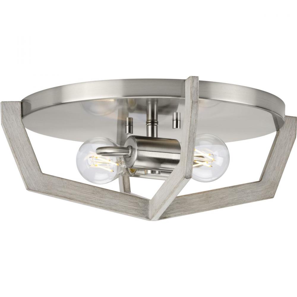 Galloway Collection Two-Light 15" Brushed Nickel Modern Farmhouse Flush Mount Light with Grey Wa
