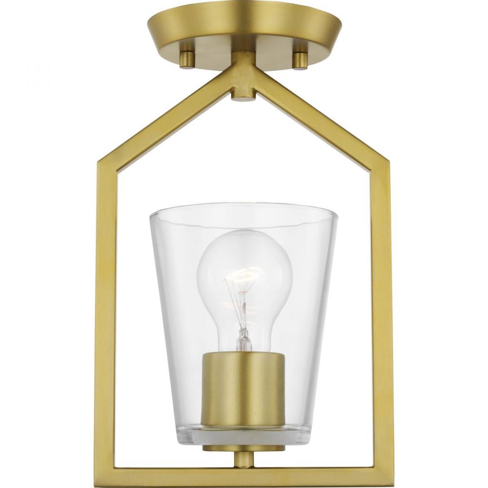 Vertex Collection One-Light Brushed Gold Clear Glass Contemporary Semi-Flush Mount