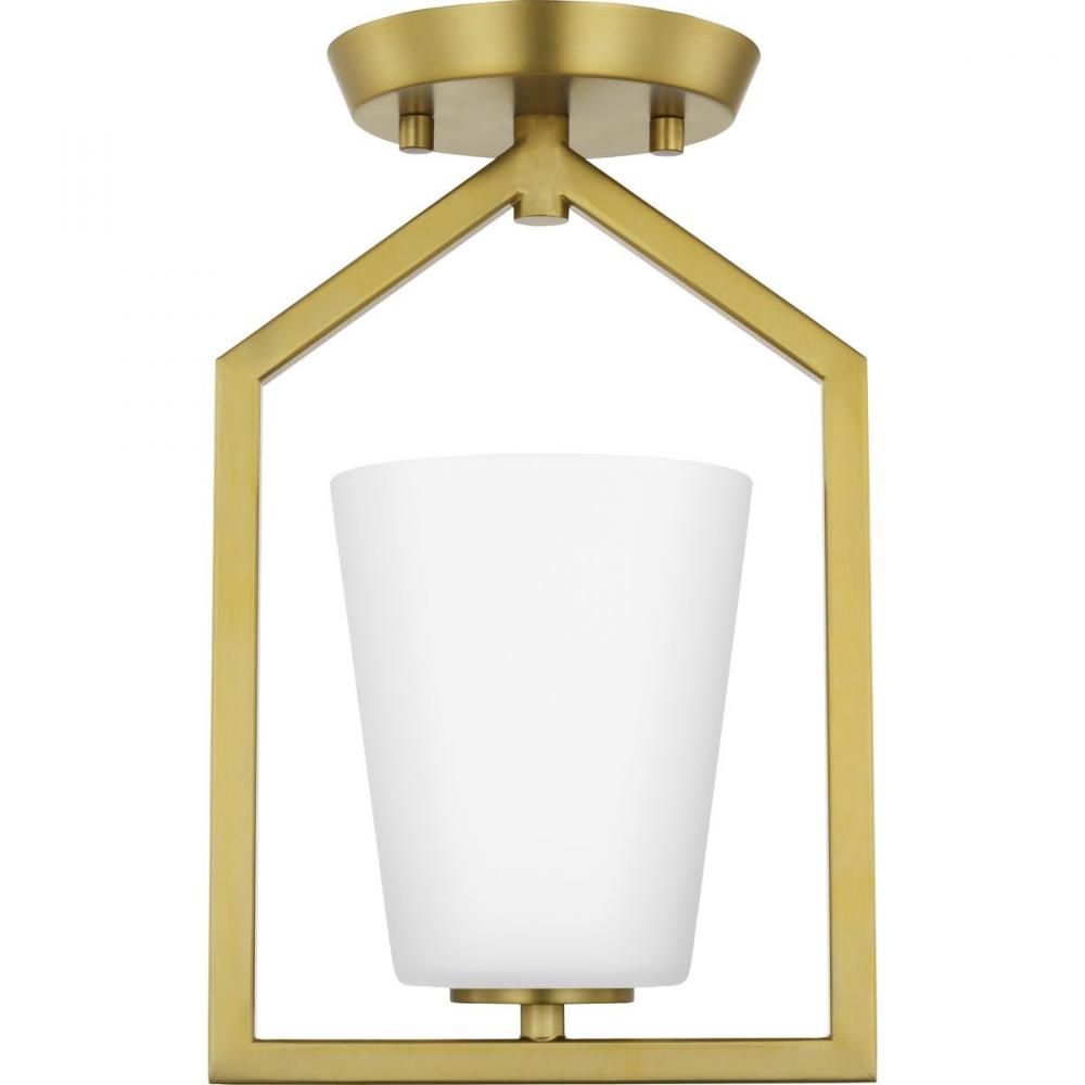 Vertex Collection One-Light Brushed Gold Etched White Contemporary Semi-Flush Mount