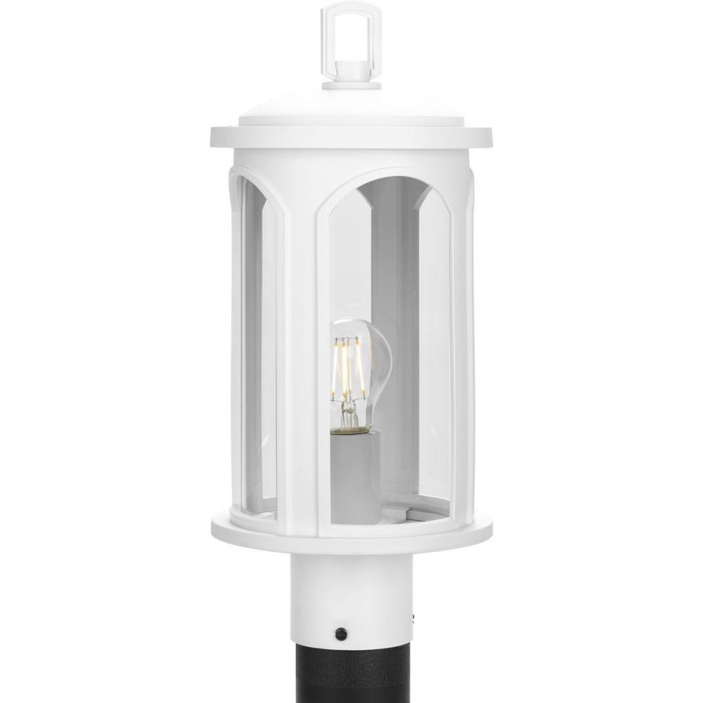 Gables Collection One-Light Coastal Satin White Clear Glass Outdoor Post Light