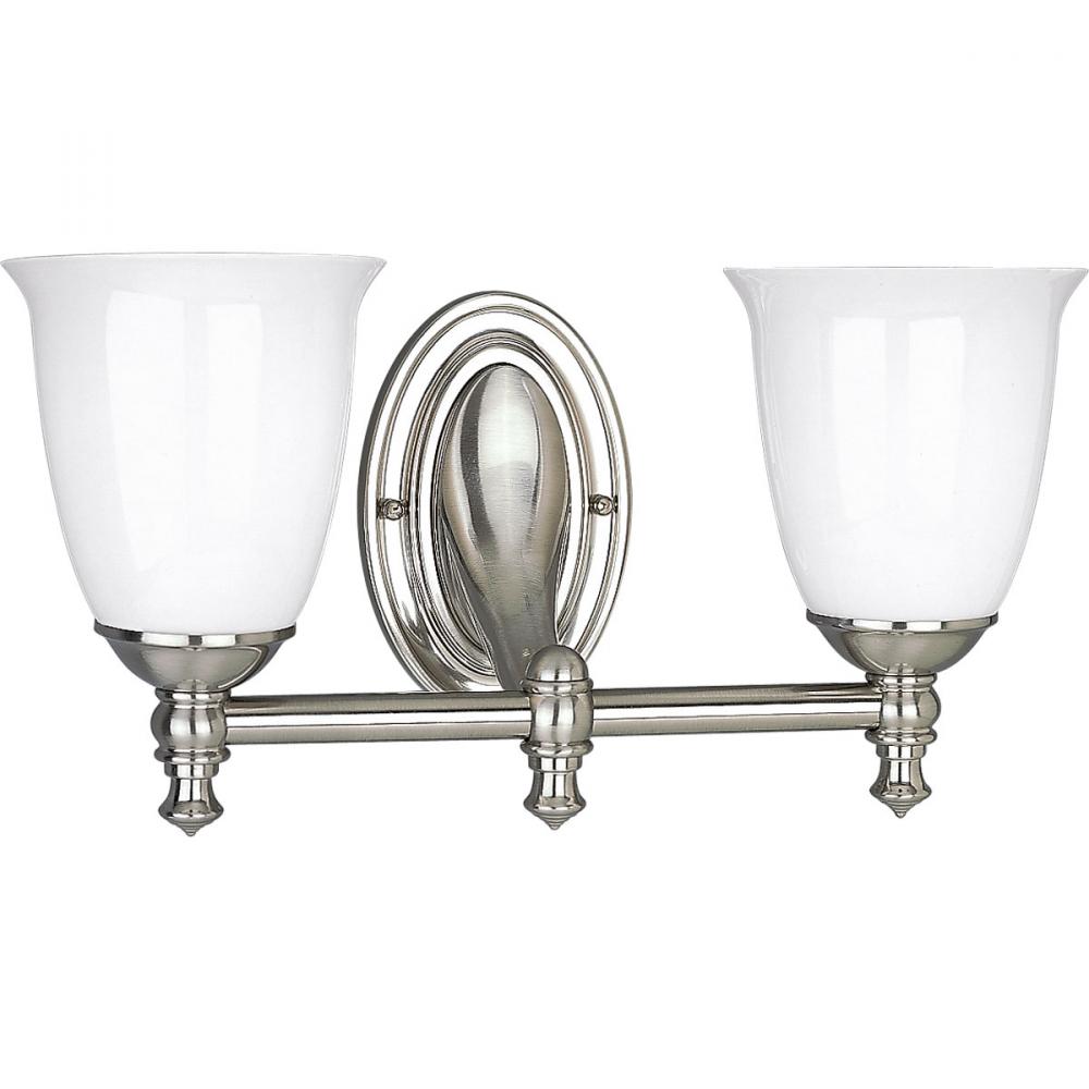 Victorian Collection Two-Light Brushed Nickel White Opal Glass Farmhouse Bath Vanity Light