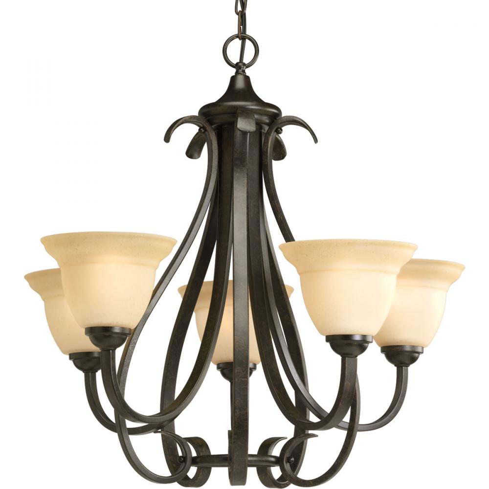 Torino Collection Five-Light Forged Bronze Tea-Stained Glass Transitional Chandelier Light