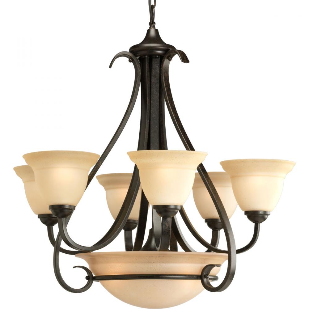 Torino Collection Six-Light Forged Bronze Tea-Stained Glass Transitional Chandelier Light