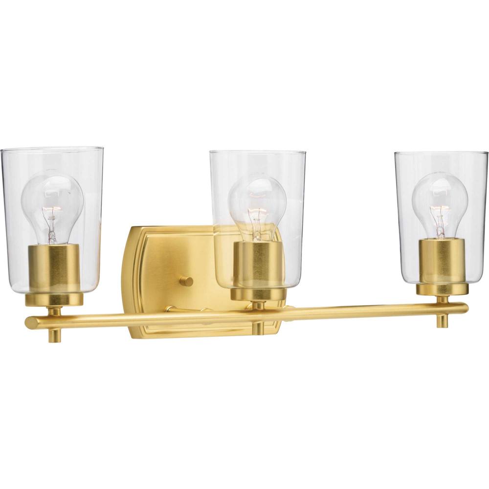 Adley Collection Three-Light Satin Brass Clear Glass New Traditional Bath Vanity Light
