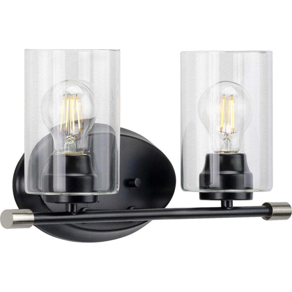 Riley Collection Two-Light Matte Black Clear Glass Modern Bath Vanity Light