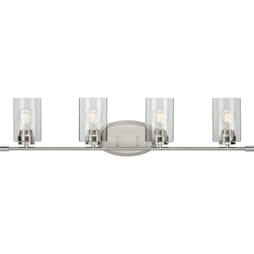 Riley Collection Four-Light Brushed Nickel Clear Glass Modern Bath Vanity Light