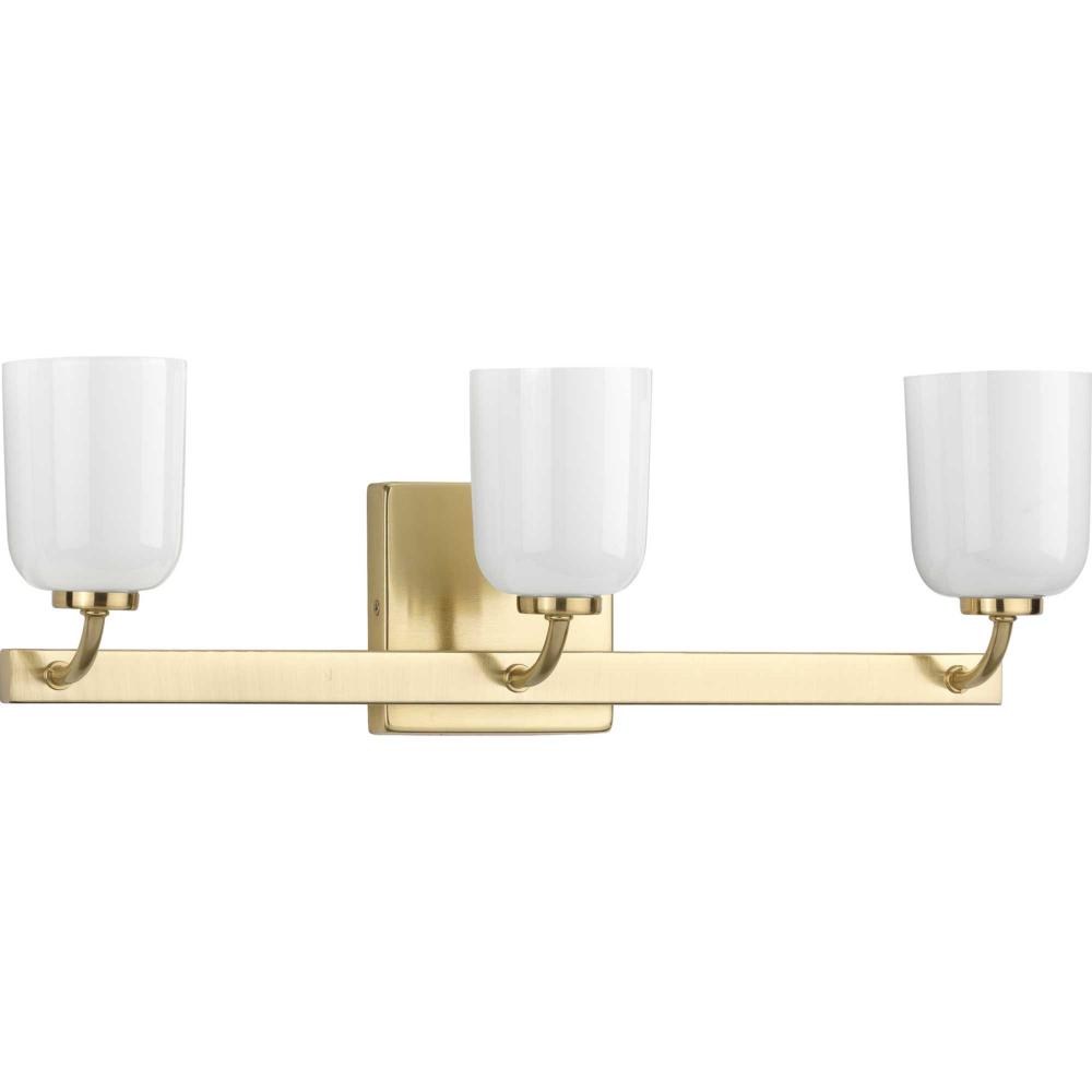Moore Collection Three-Light Satin Brass White Opal Glass Luxe Bath Vanity Light