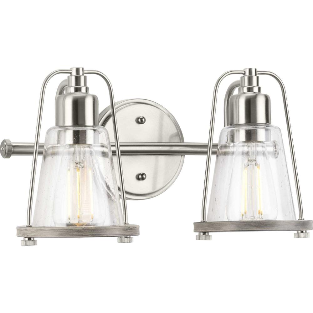 Conway Collection Two-Light Brushed Nickel and Clear Seeded Farmhouse Style Bath Vanity Wall Light