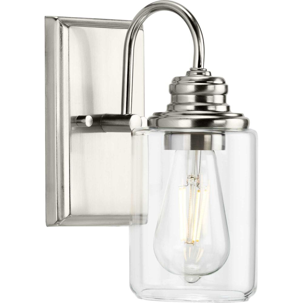 Aiken Collection One-Light Brushed Nickel Clear Glass Farmhouse Style Bath Vanity Wall Light