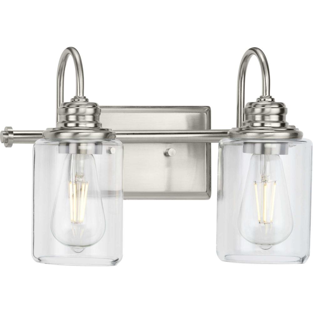 Aiken Collection Two-Light Brushed Nickel Clear Glass Farmhouse Style Bath Vanity Wall Light
