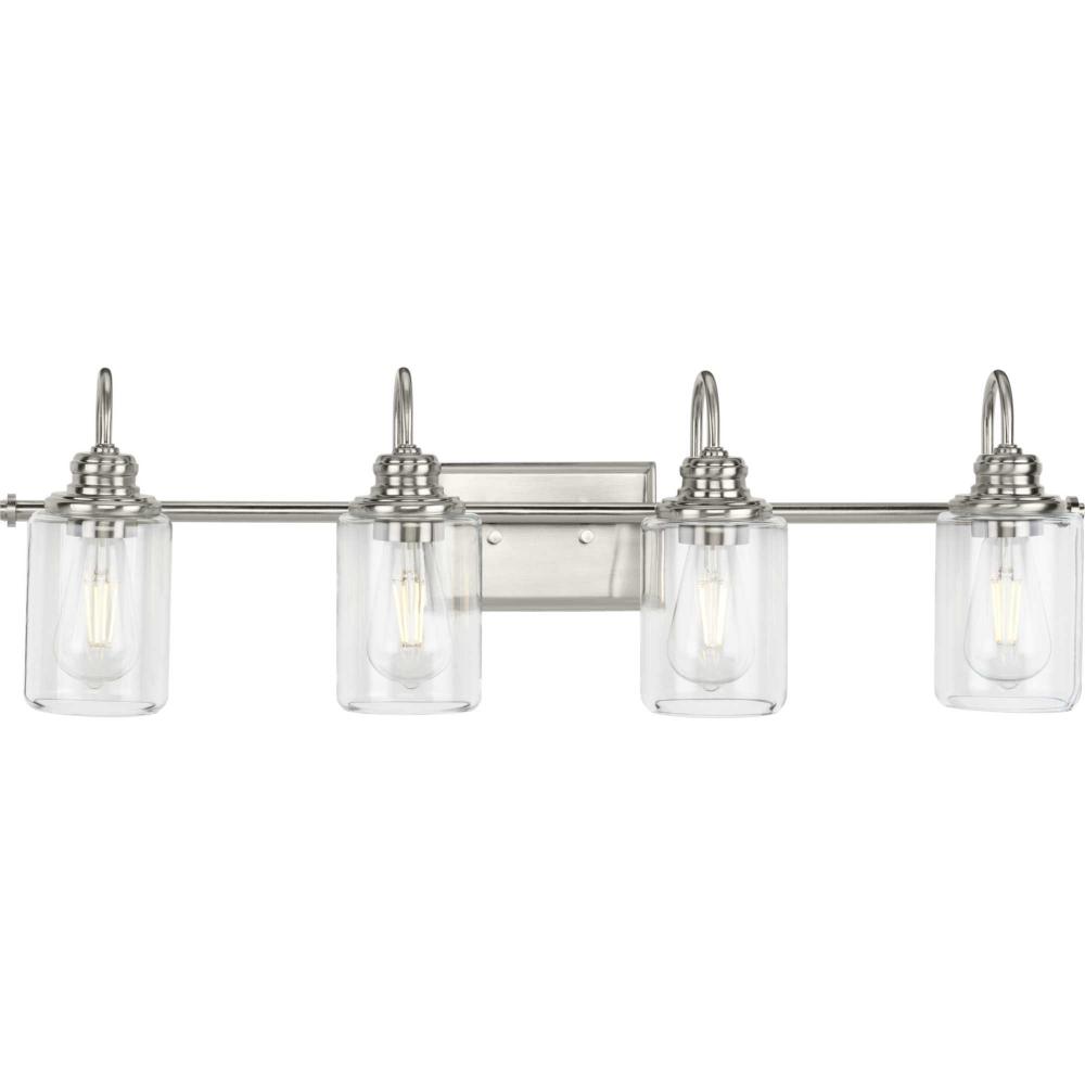 Aiken Collection Four-Light Brushed Nickel Clear Glass Farmhouse Style Bath Vanity Wall Light