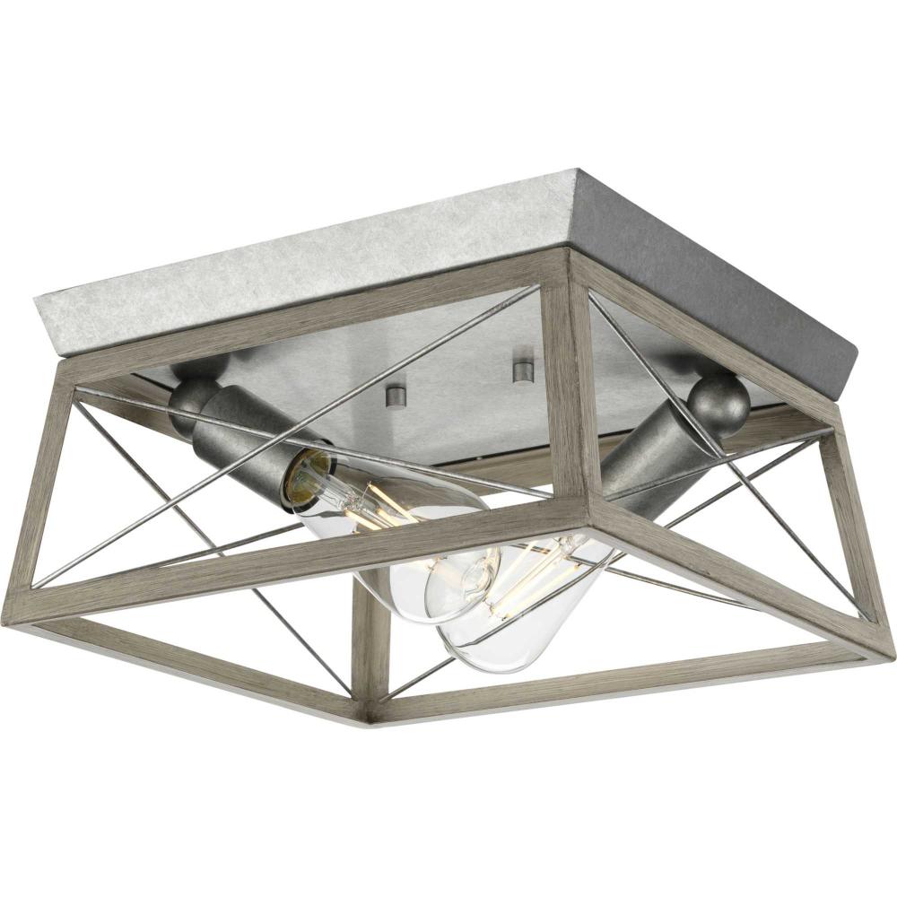 Briarwood Collection Two-Light Galvanized and Bleached Oak Farmhouse Style Flush Mount Ceiling Light