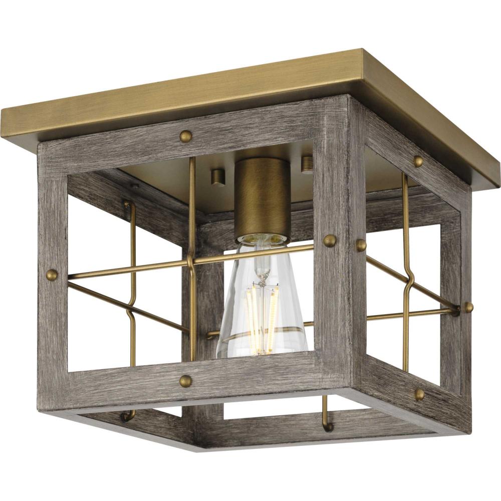 Hedgerow Collection One-Light Distressed Brass and Aged Oak Farmhouse Style Flush Mount Ceiling Ligh