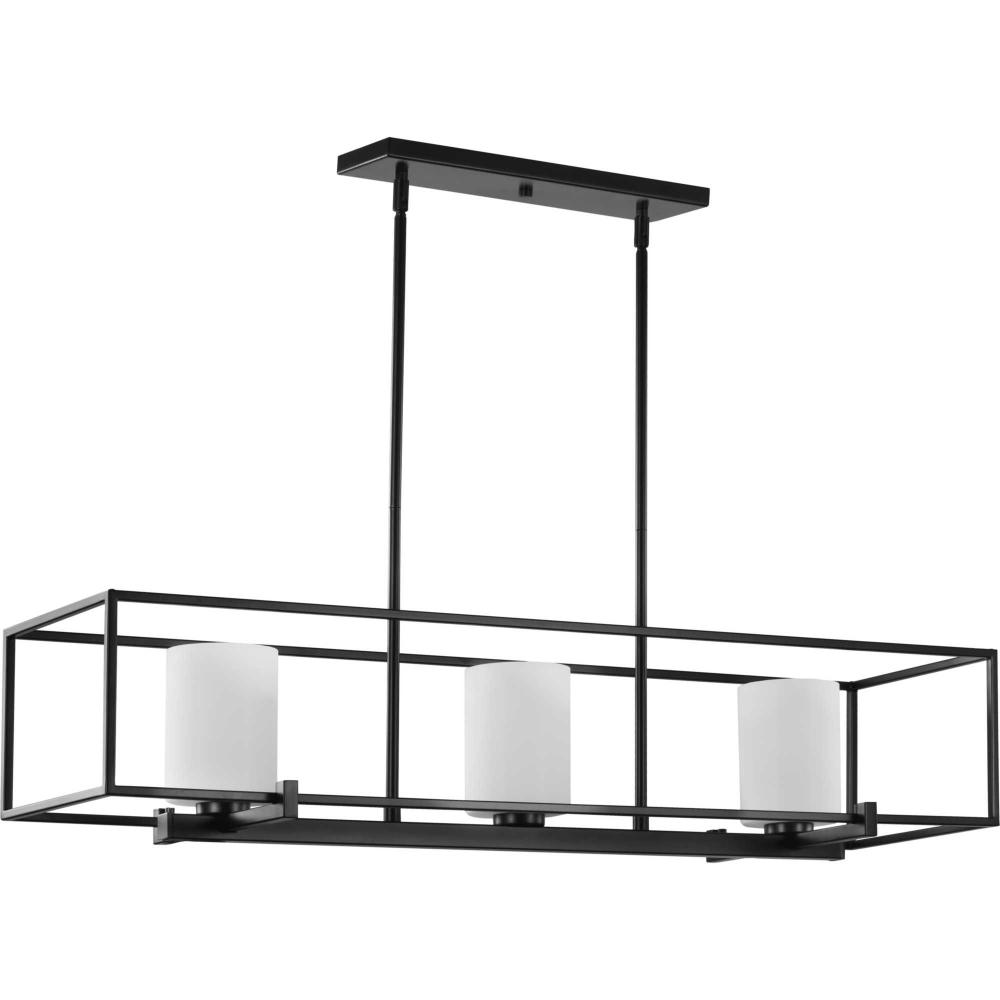 Chadwick Collection Three-Light Matte Black Etched Opal Glass Modern Linear Chandelier Light