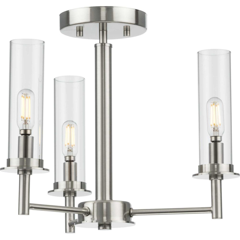 Kellwyn Collection Three-Light Brushed Nickel and Clear Glass Transitional Style Convertible Semi-Fl