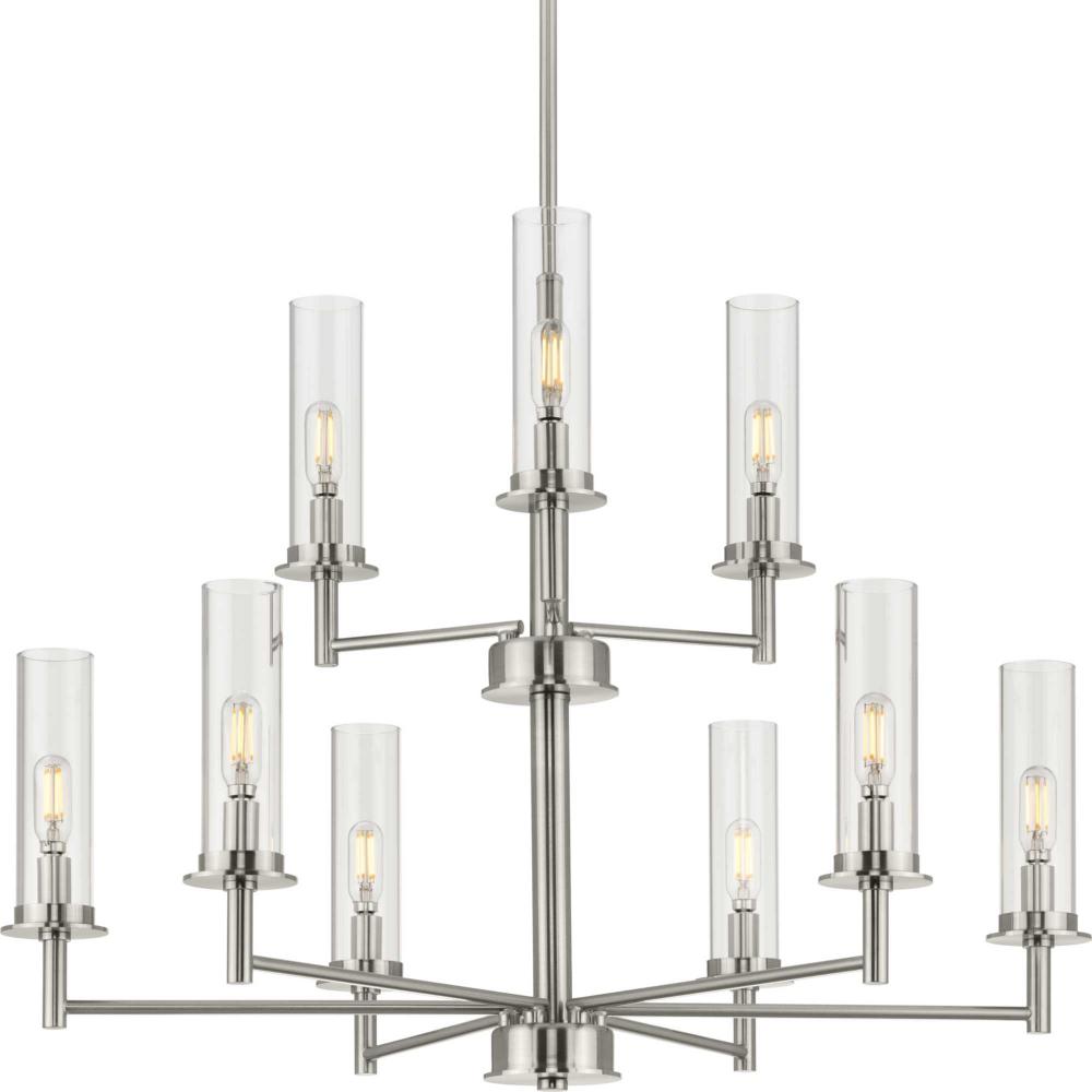 Kellwyn Collection Nine-Light Brushed Nickel and Clear Glass Transitional Style Chandelier Light
