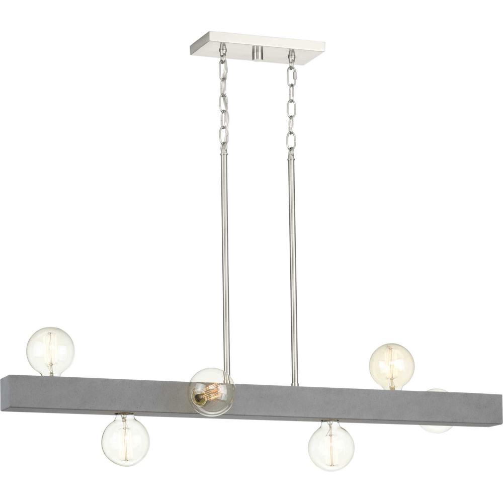 Mill Beam Collection Six-Light Brushed Nickel/Faux Concrete Industrial Style Linear Island Chandelie