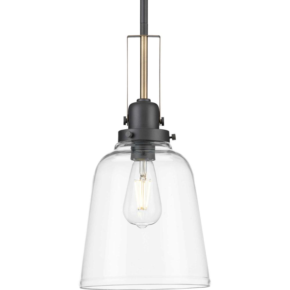 Rushton Collection One-Light Graphite/Vintage Brass and Clear Glass Industrial Style Hanging Pendant
