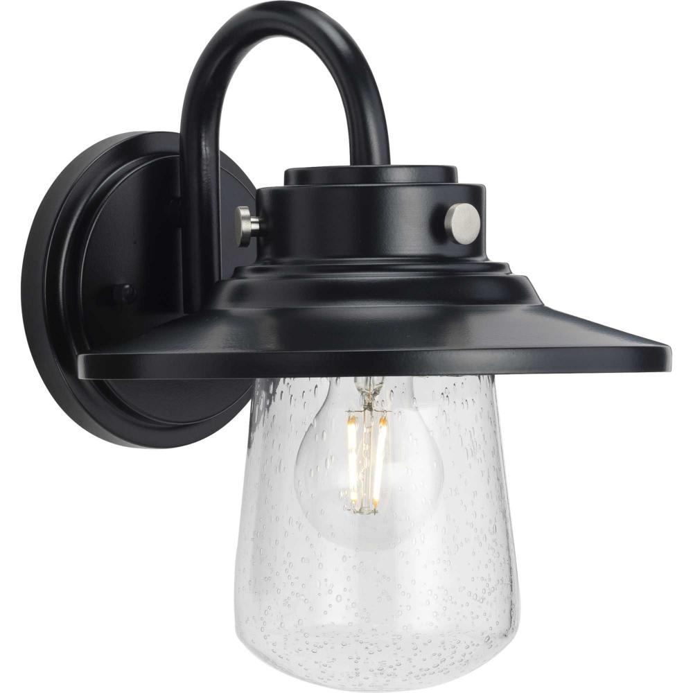 Tremont Collection One-Light Matte Black and Clear Seeded Glass Farmhouse Style Medium Outdoor Wall