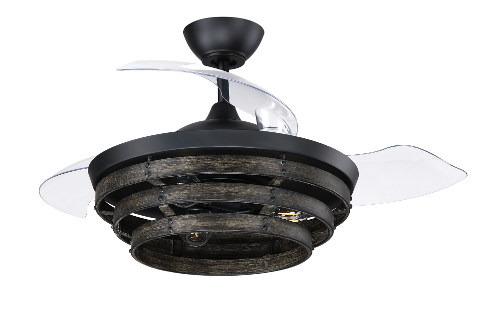 Whiskey 44" 3-Blade Ceiling Fan in Flat Black w/ Clear Acrylic Blades; Integrated Light Kit
