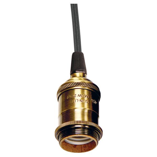 Medium base lampholder; 4pc. Solid brass; prewired; Uno ring; 10ft. 18/2 SVT Black Cord; Antique