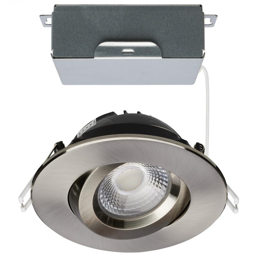 12 Watt LED Direct Wire Downlight; Gimbaled; 4 Inch; CCT Selectable; Round; Remote Driver; Brushed