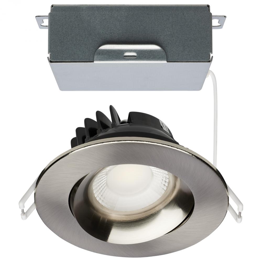 12 Watt LED Direct Wire Downlight; Gimbaled; 3.5 Inch; CCT Selectable; Round; Remote Driver; Brushed