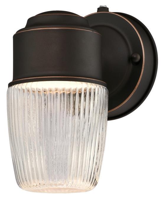 Dimmable LED Wall Fixture with Dusk to Dawn Sensor Oil Rubbed Bronze Finish Clear Ribbed Glass
