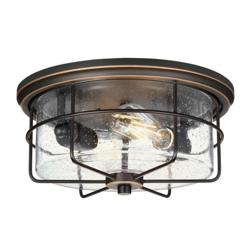 12-3/4 in. 2 Light Flush Black-Bronze Finish with Highlights Clear Seeded Glass