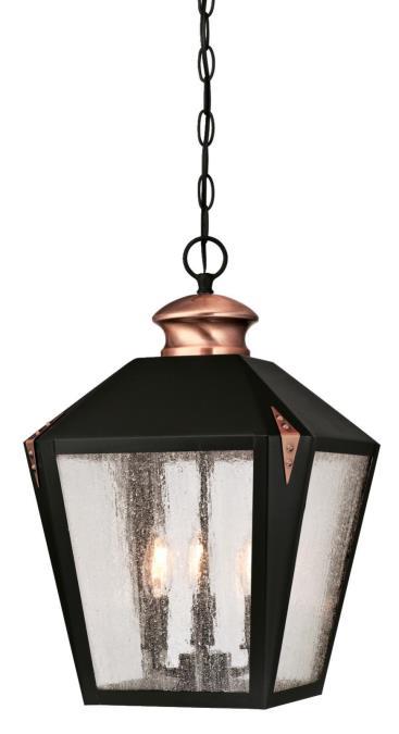 3 Light Pendant Matte Black Finish with Washed Copper Accents Clear Seeded Glass