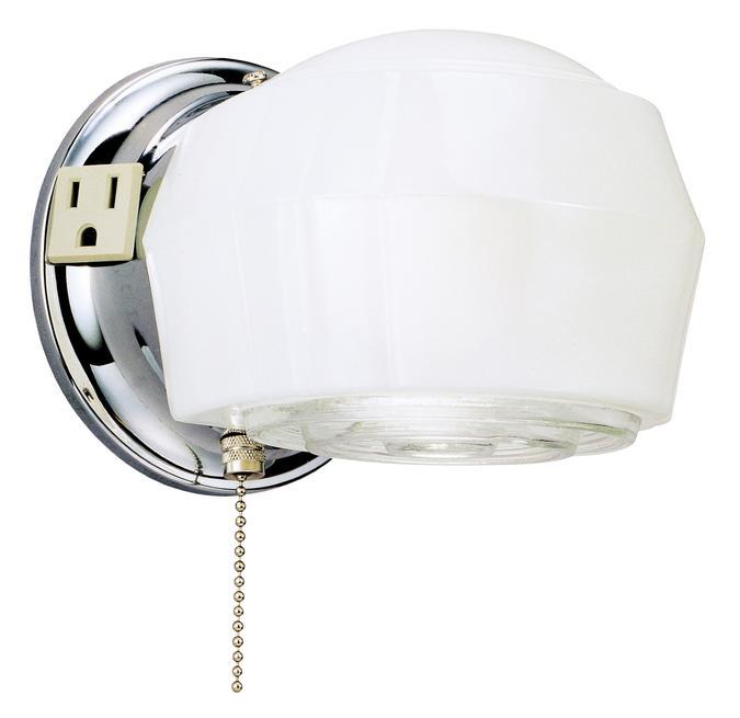 1 Light Wall Fixture with Ground Convenience Outlet and Pull Chain Chrome Finish Base White and