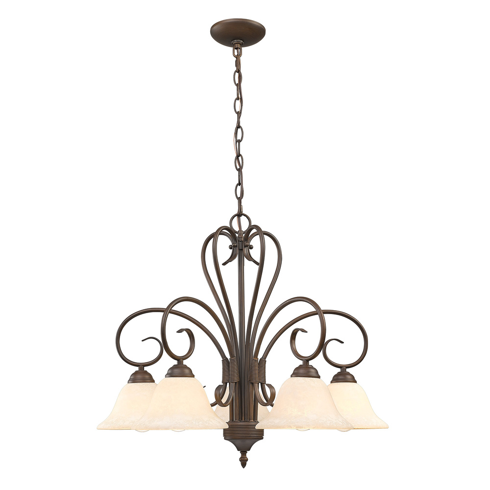 Homestead 5 Light Nook Chandelier in Rubbed Bronze with Tea Stone Glass