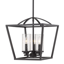 Golden 4309-3P BLK-BLK-SD - Mercer 3 Light Pendant in Matte Black with Matte Black accents and Seeded Glass