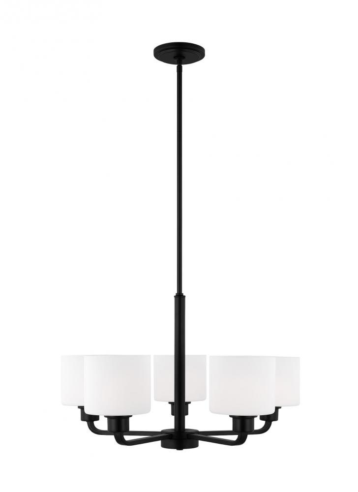Canfield indoor dimmable 5-light chandelier in midnight black finish and etched white glass shade