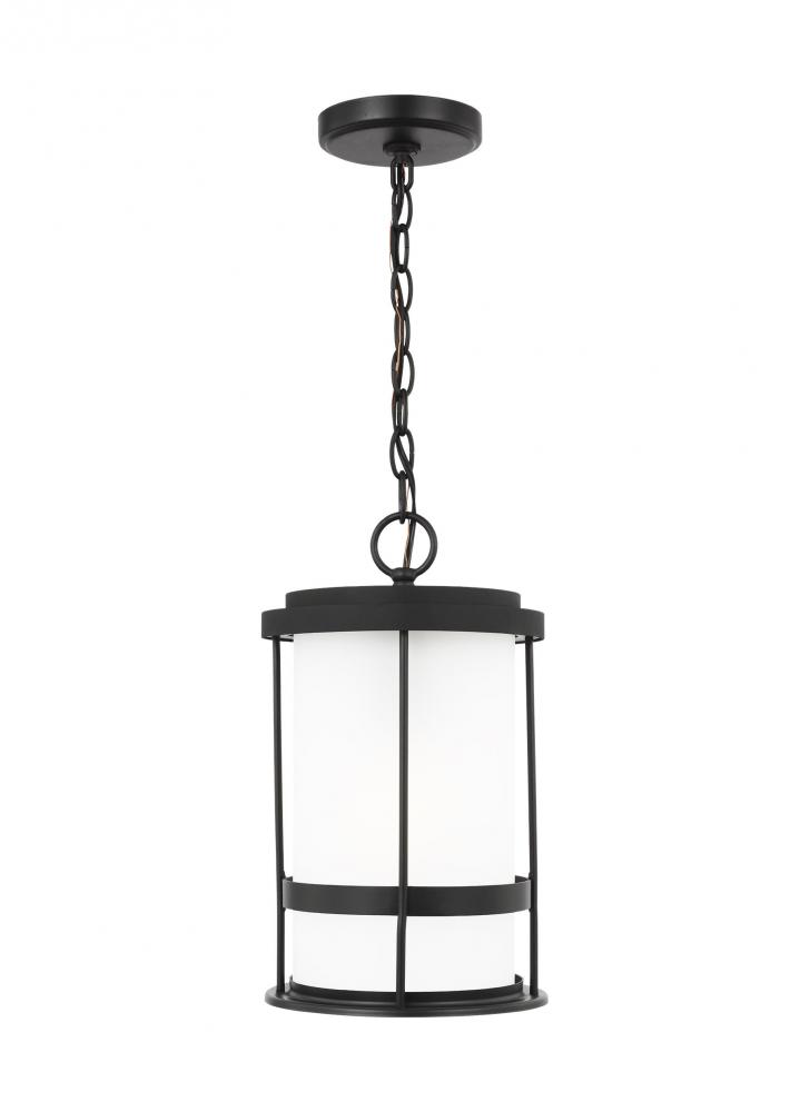 Wilburn modern 1-light outdoor exterior ceiling hanging pendant lantern in black finish with satin e