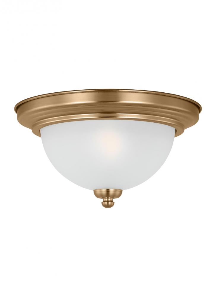 Geary traditional indoor dimmable 1-light ceiling flush mount in satin brass with a satin etched gla